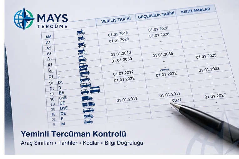 Yeminli ehliyet çevirisinde belge bilgileri ve araç sınıfları